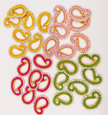5 Paisley Appliques In Green Seed Beads and Rhinestones, Gold Tiny Paisley Appliques, Beaded Applique